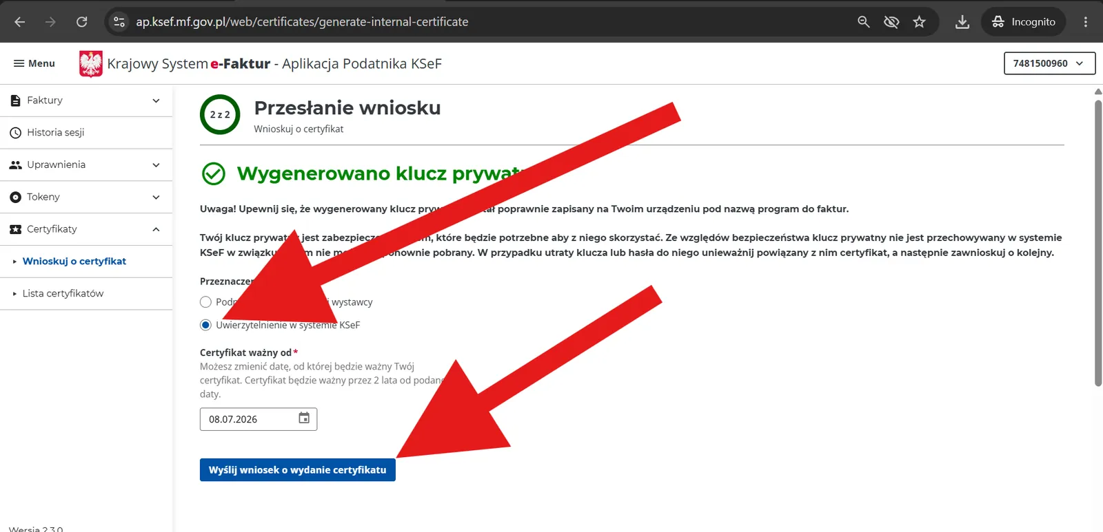 Zrzut ekranu — krok 10 podłączania KSeF