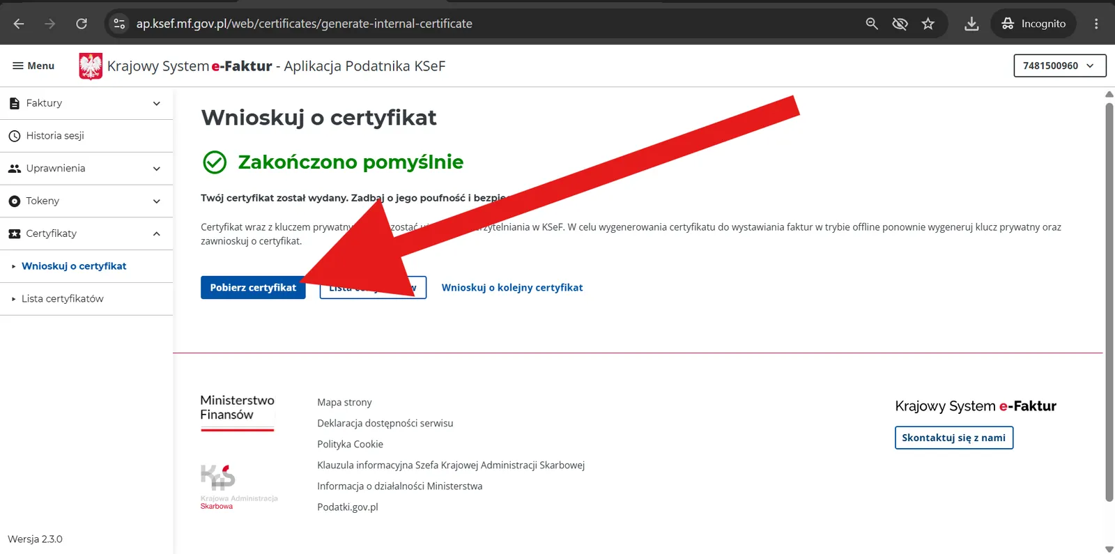 Zrzut ekranu — krok 12 podłączania KSeF