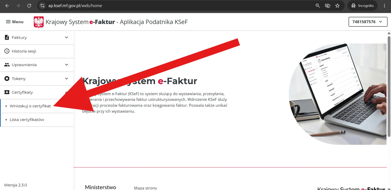 Zrzut ekranu — krok 7 podłączania KSeF